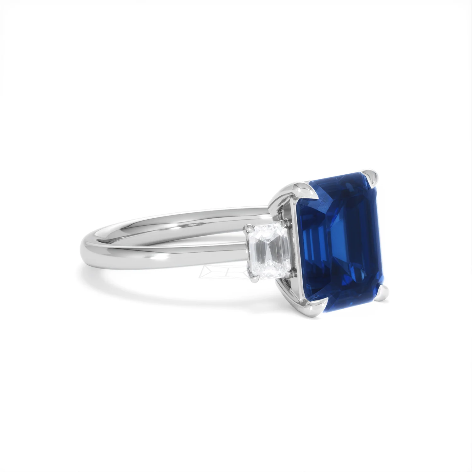 Solene 2.50ct Emerald Cut Lab Sapphire and Lab Diamond 3 Stone Engament Ring in 18K White Gold - Image 18