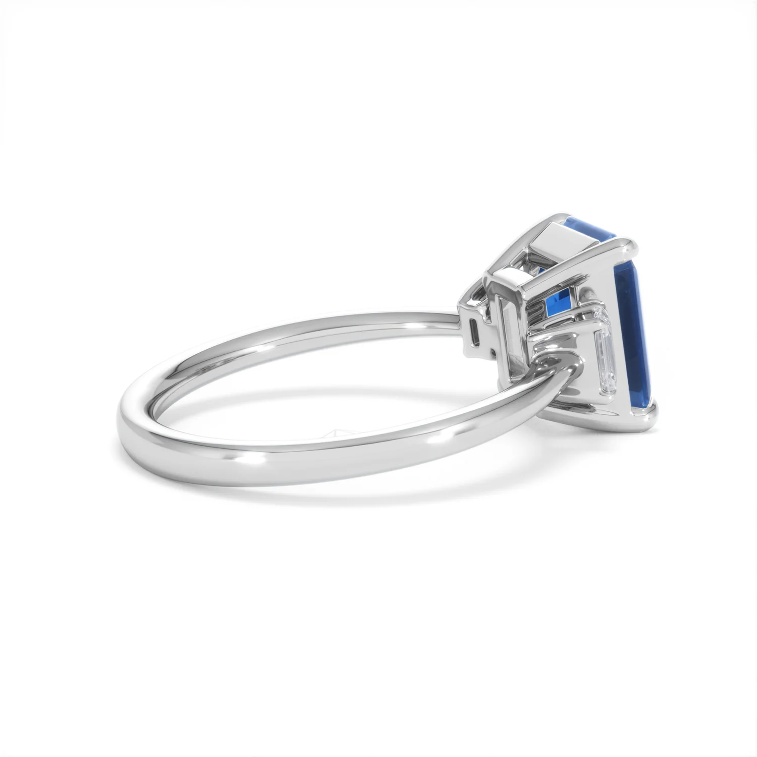 Solene 2.50ct Emerald Cut Lab Sapphire and Lab Diamond 3 Stone Engament Ring in 18K White Gold - Image 34