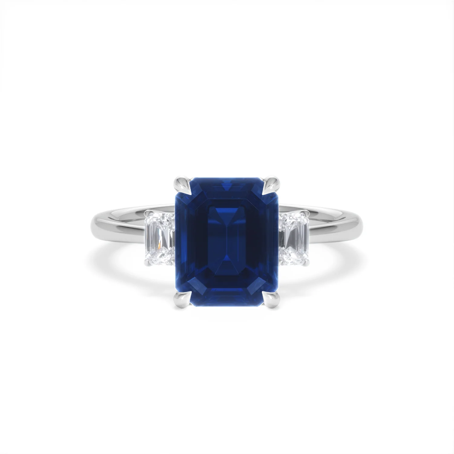 Solene 2.50ct Emerald Cut Lab Sapphire and Lab Diamond 3 Stone Engament Ring in 18K White Gold - Image 9