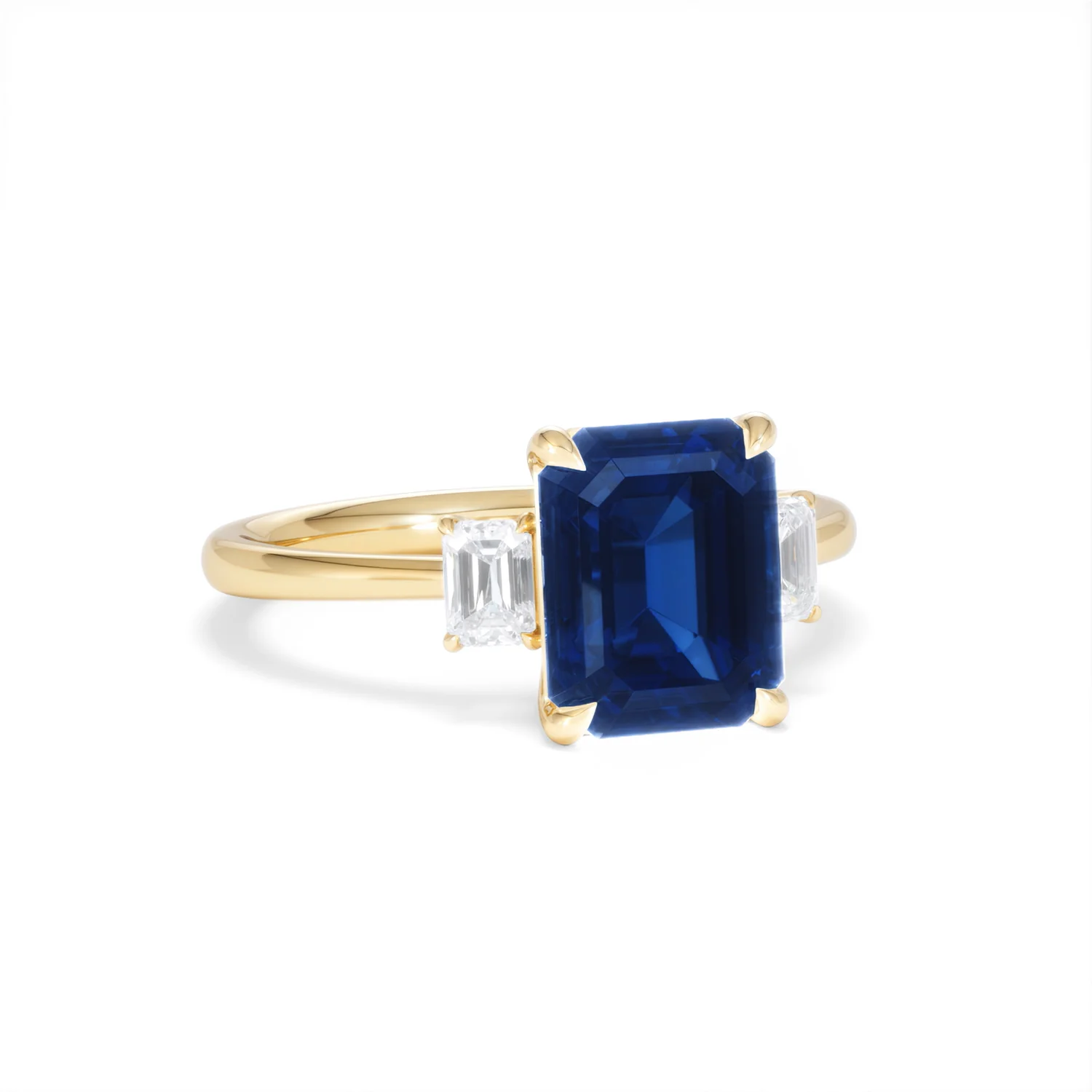 Solene 2.50ct Emerald Cut Lab Sapphire and Lab Diamond 3 Stone Engament Ring in 18K Yellow Gold - Image 13