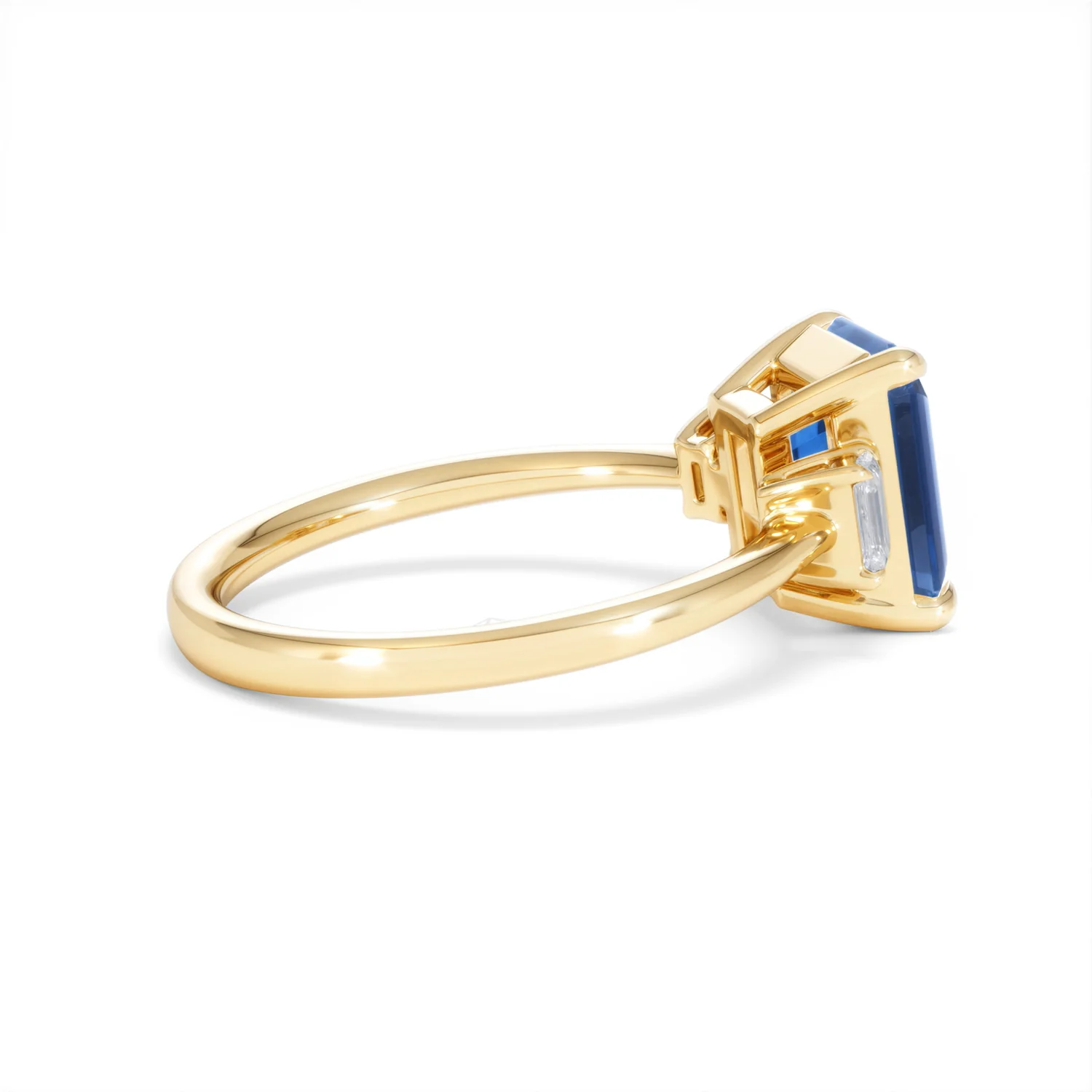 Solene 2.50ct Emerald Cut Lab Sapphire and Lab Diamond 3 Stone Engament Ring in 18K Yellow Gold - Image 33