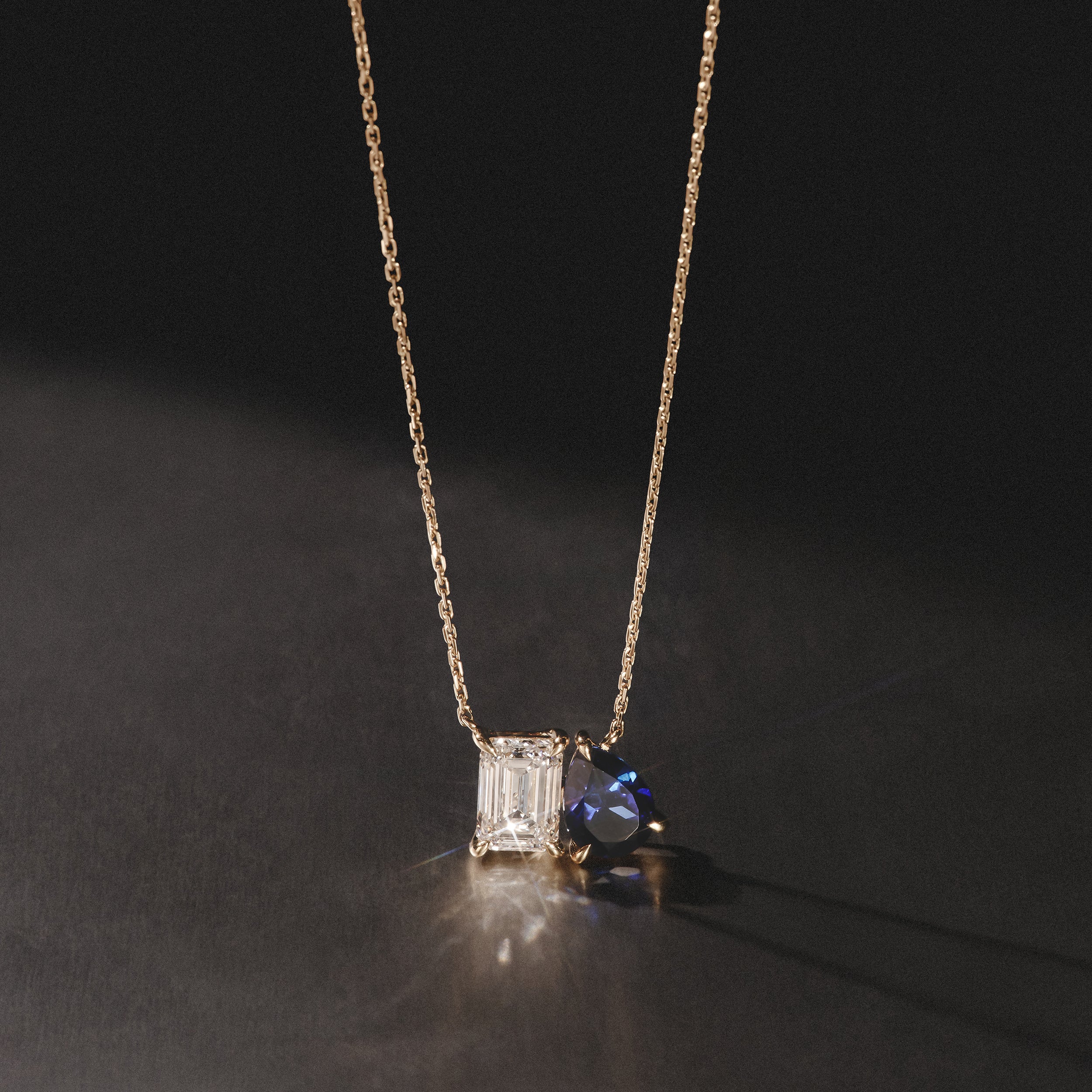 Toi Et Moi 1.50ct Emerald Cut Lab Diamond and 1.30ct Pear Lab Sapphire Necklace in 18K Yellow Gold - Image 8