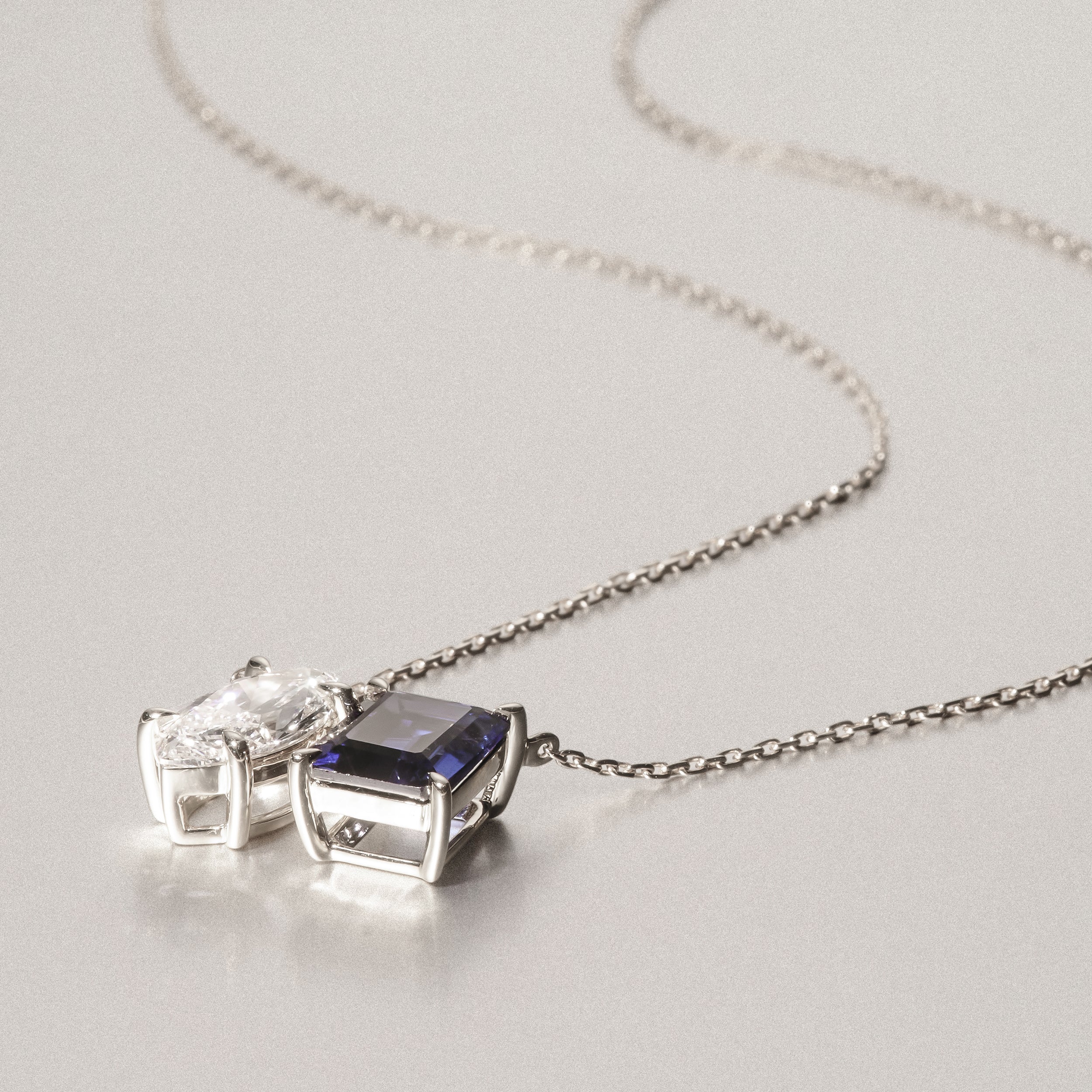 Toi Et Moi 1.50ct Marquise Lab Diamond and 2.50ct Emerald Cut Lab Sapphire Necklace in 18K White Gold - Image 6