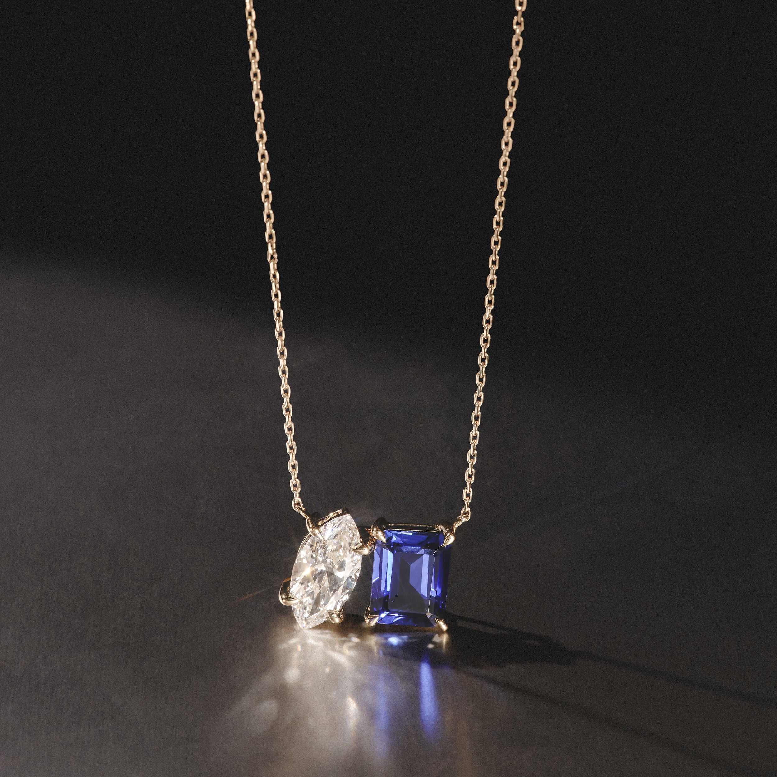 Toi Et Moi 1.50ct Marquise Lab Diamond and 2.50ct Emerald Cut Lab Sapphire Necklace in 18K Yellow Gold - Image 8
