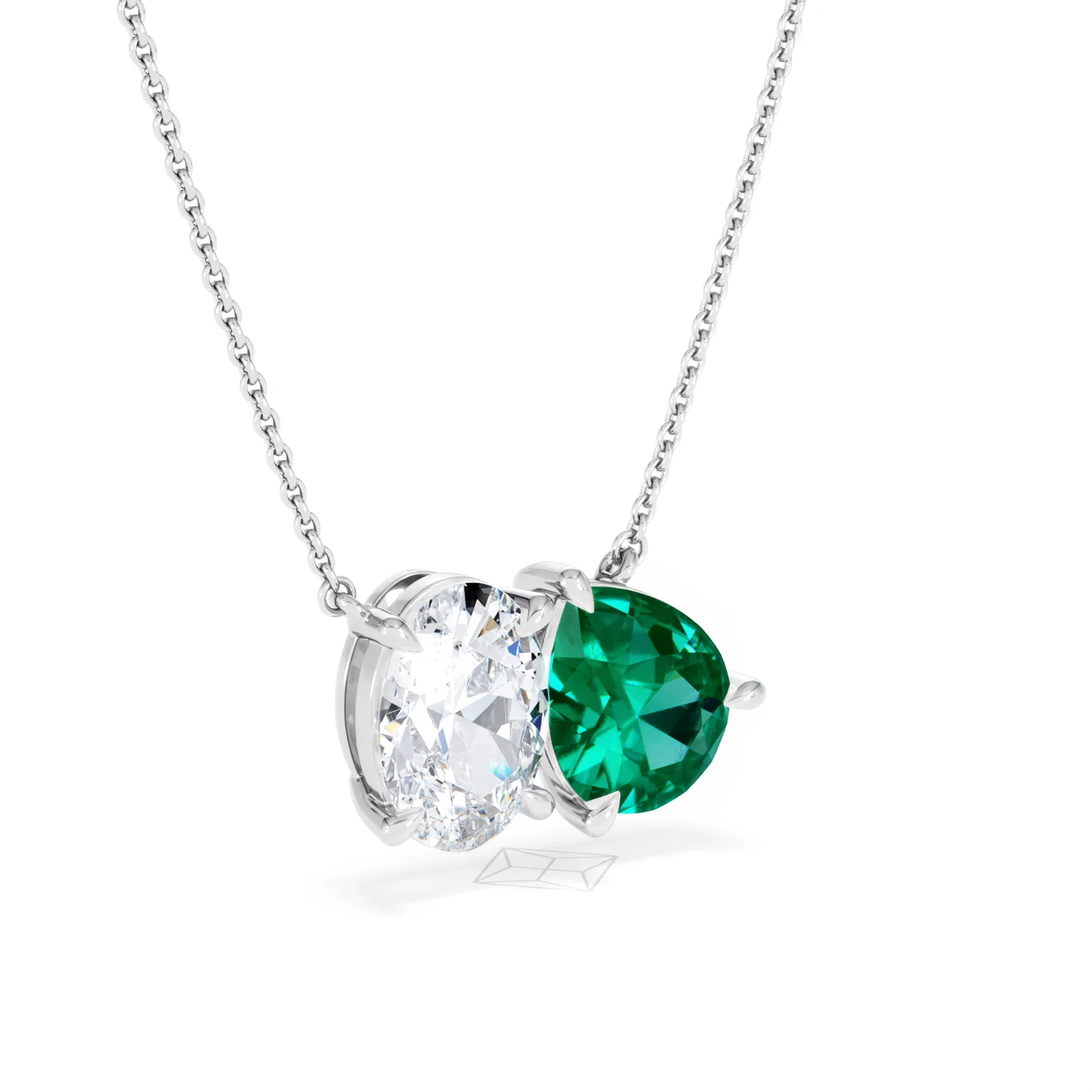 Toi Et Moi 1.50ct Oval Lab Diamond and 2.50ct Pear Lab Emerald Necklace in 18K White Gold - Image 14