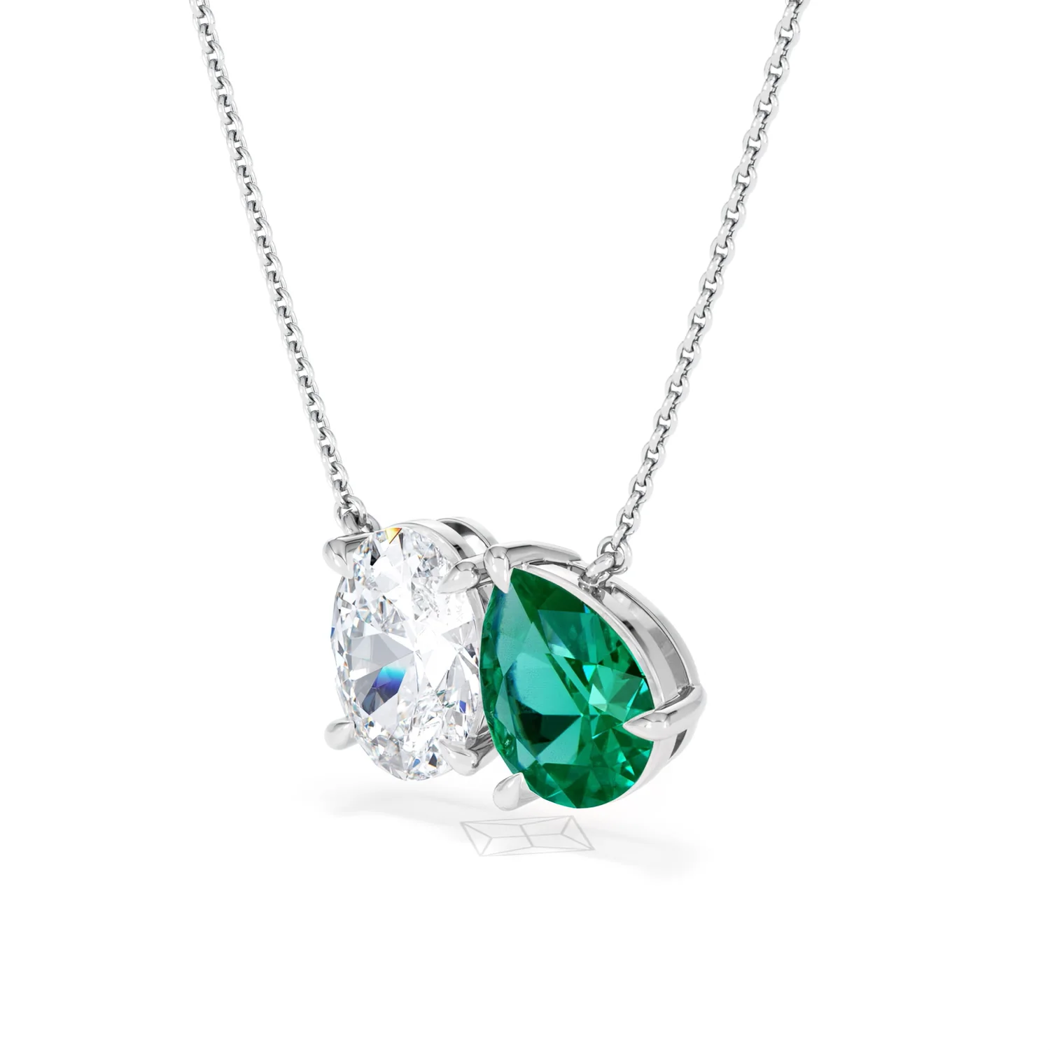 Toi Et Moi 1.50ct Oval Lab Diamond and 2.50ct Pear Lab Emerald Necklace in 18K White Gold - Image 79