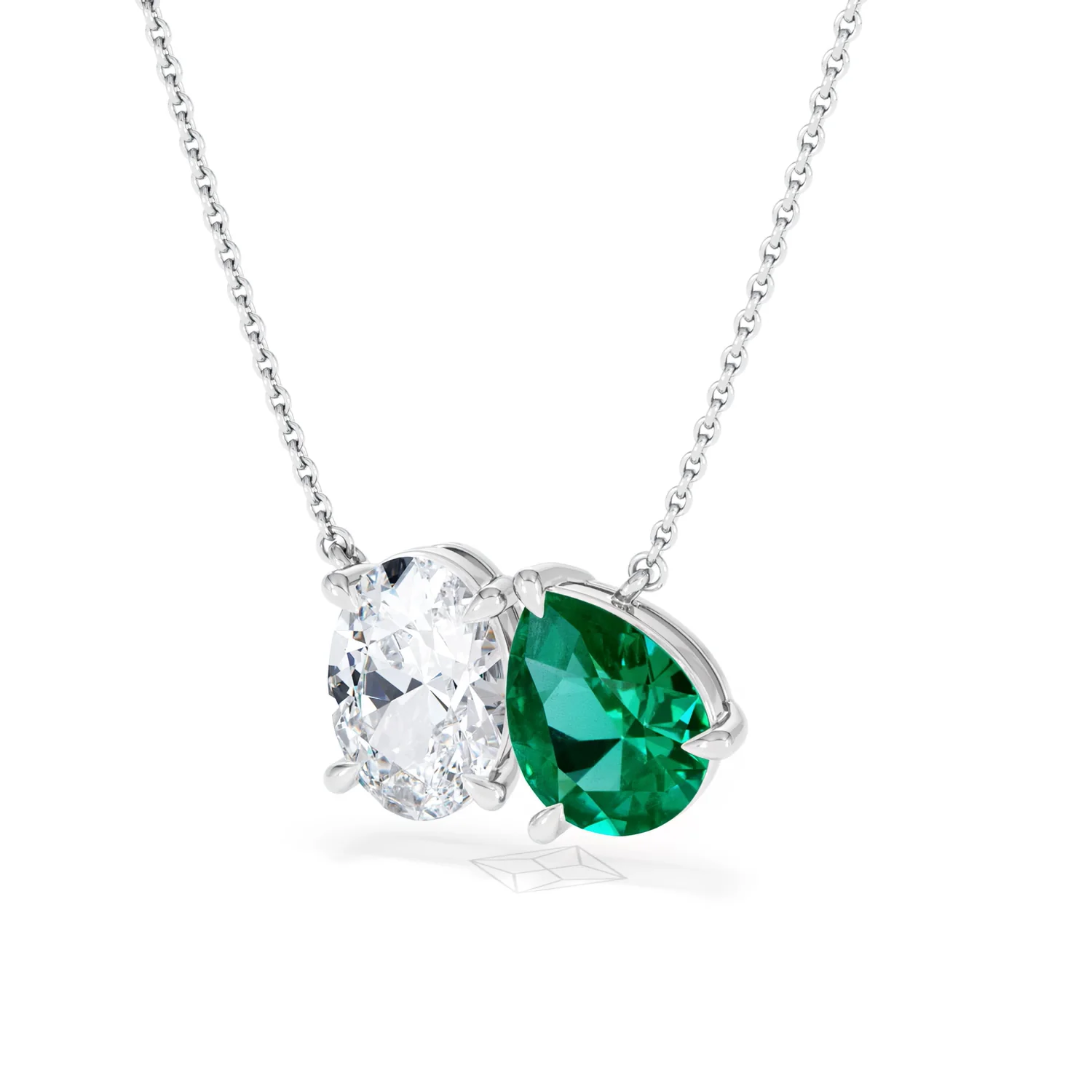 Toi Et Moi 1.50ct Oval Lab Diamond and 2.50ct Pear Lab Emerald Necklace in 18K White Gold - Image 82