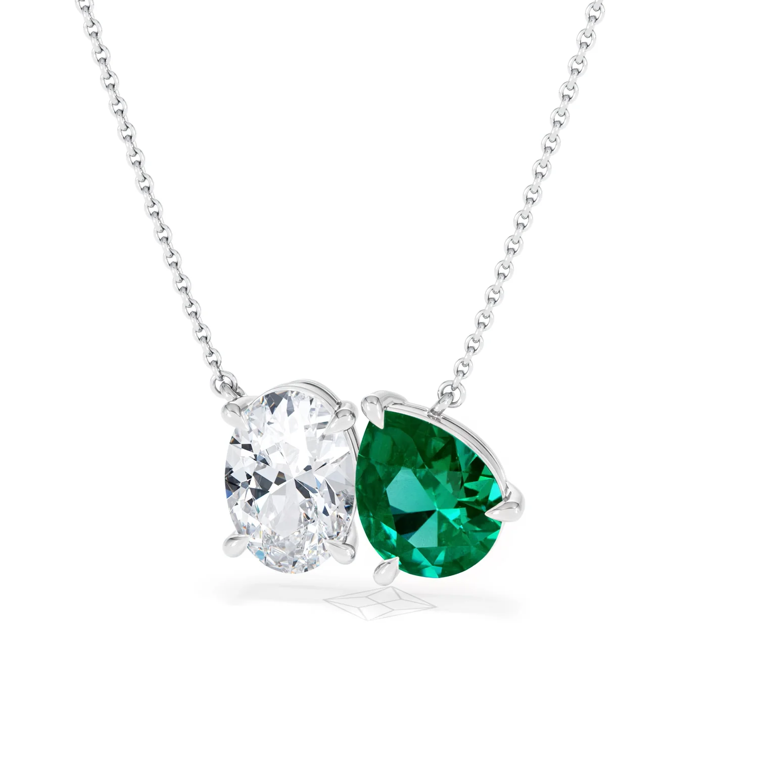 Toi Et Moi 1.50ct Oval Lab Diamond and 2.50ct Pear Lab Emerald Necklace in 18K White Gold - Image 84
