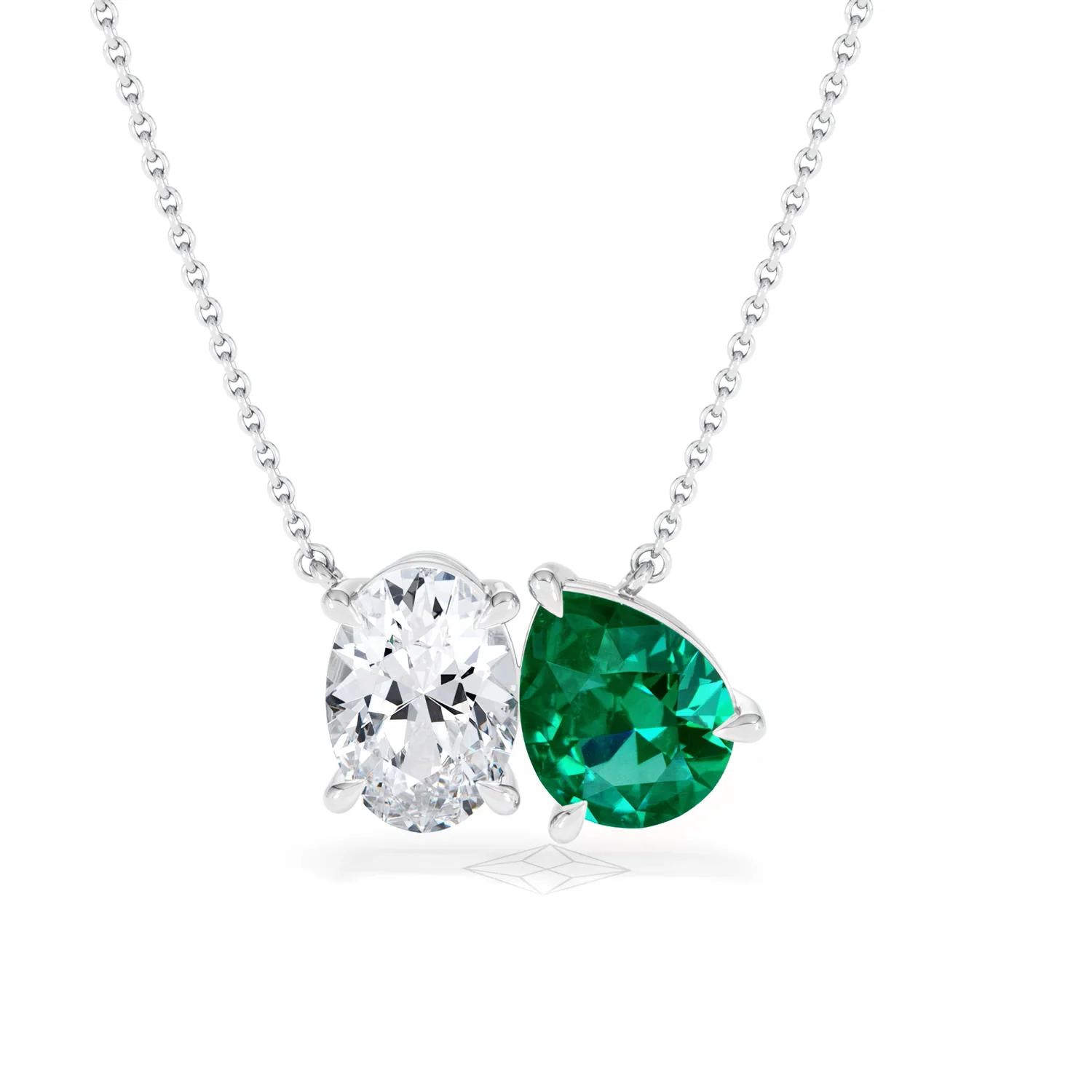 Toi Et Moi 1.50ct Oval Lab Diamond and 2.50ct Pear Lab Emerald Necklace in 18K White Gold - Image 86