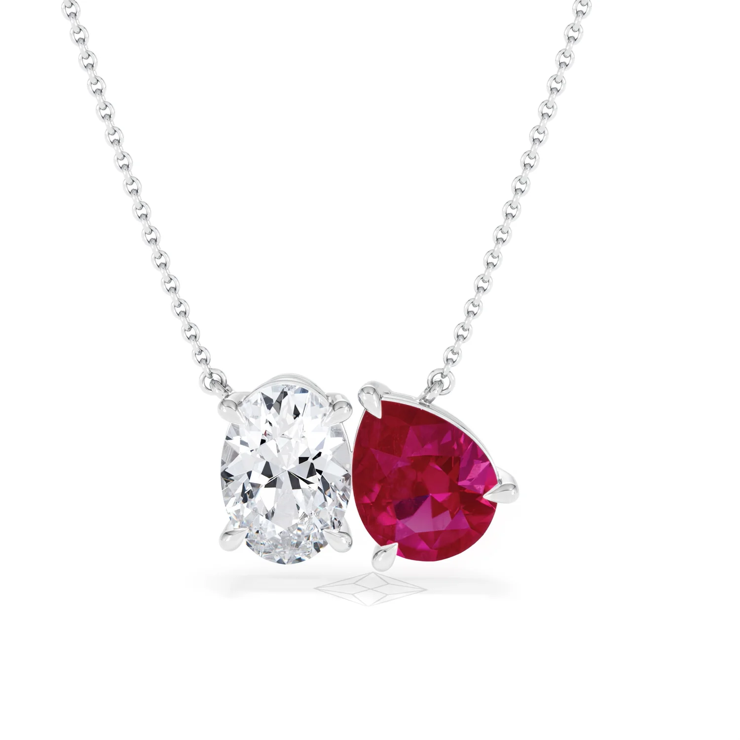 Toi Et Moi 1.50ct Oval Lab Diamond and 2.50ct Pear Lab Ruby Necklace in 18K White Gold - Image 86