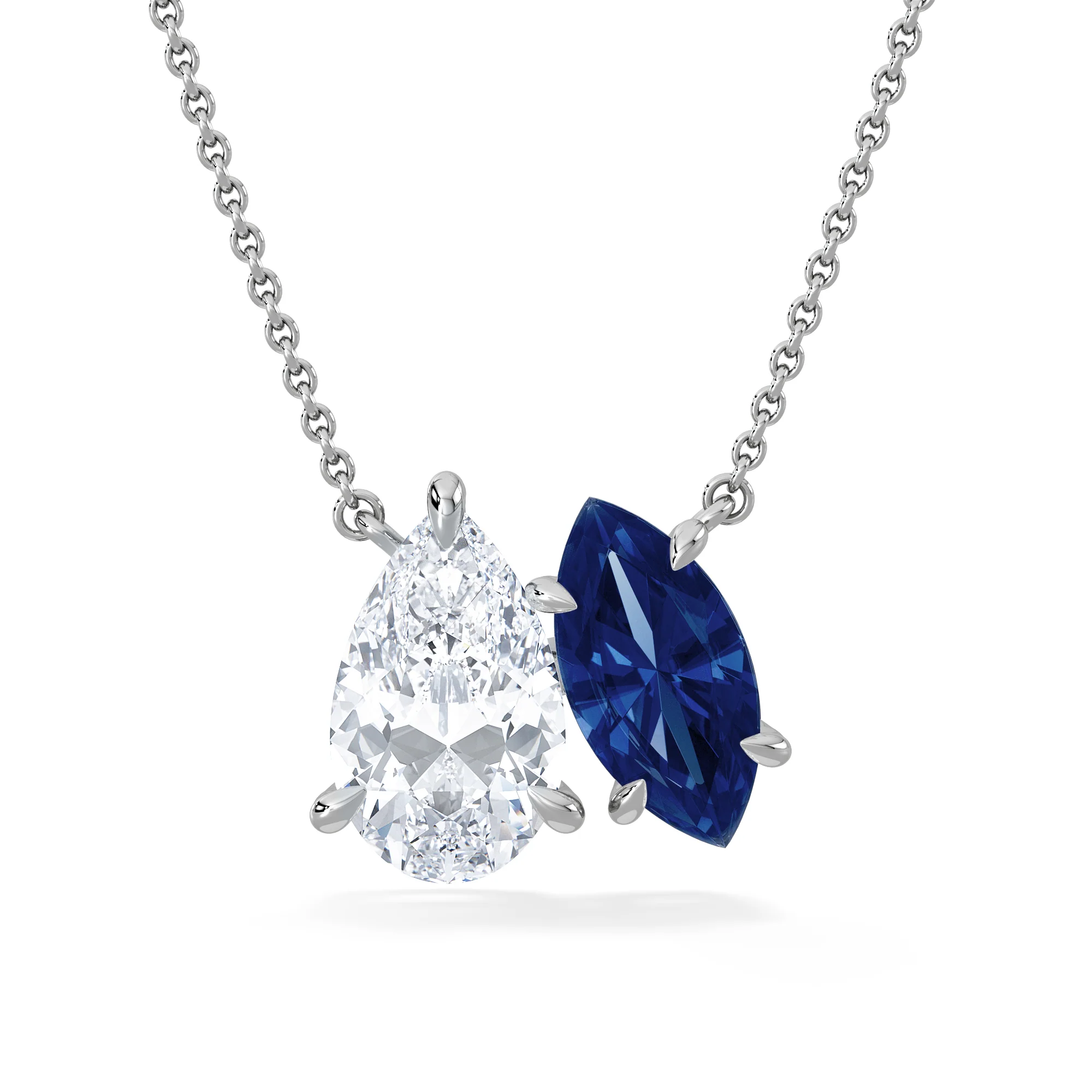 Toi Et Moi 1.50ct Pear Lab Diamond and 1.30ct Marquise Lab Sapphire Necklace in 18K White Gold