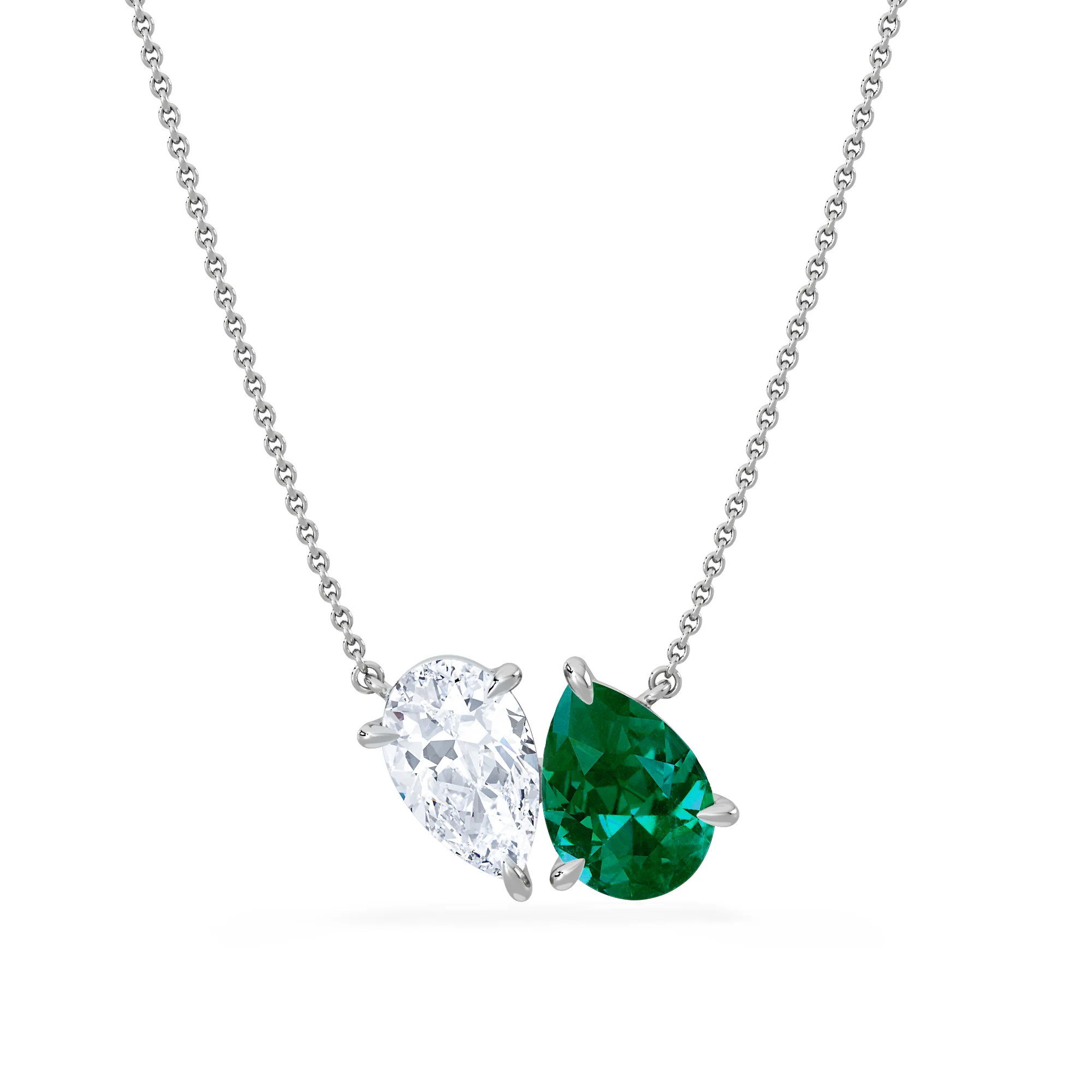 Toi Et Moi 1.50ct Pear Lab Diamond and 2.50ct Pear Lab Emerald Necklace in 18K White Gold - Image 3