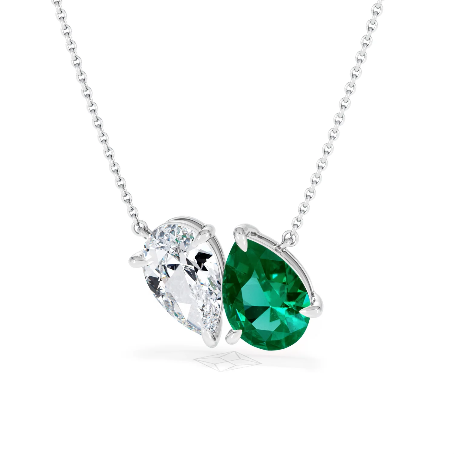 Toi Et Moi 1.50ct Pear Lab Diamond and 2.50ct Pear Lab Emerald Necklace in 18K White Gold - Image 85