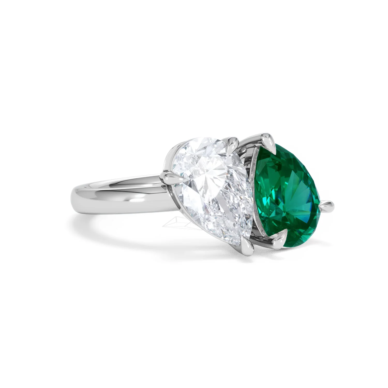 Toi Et Moi 1.50ct Pear Lab Diamond and 2.60ct Pear Lab Emerald Engagement Ring in Platinum - Image 15