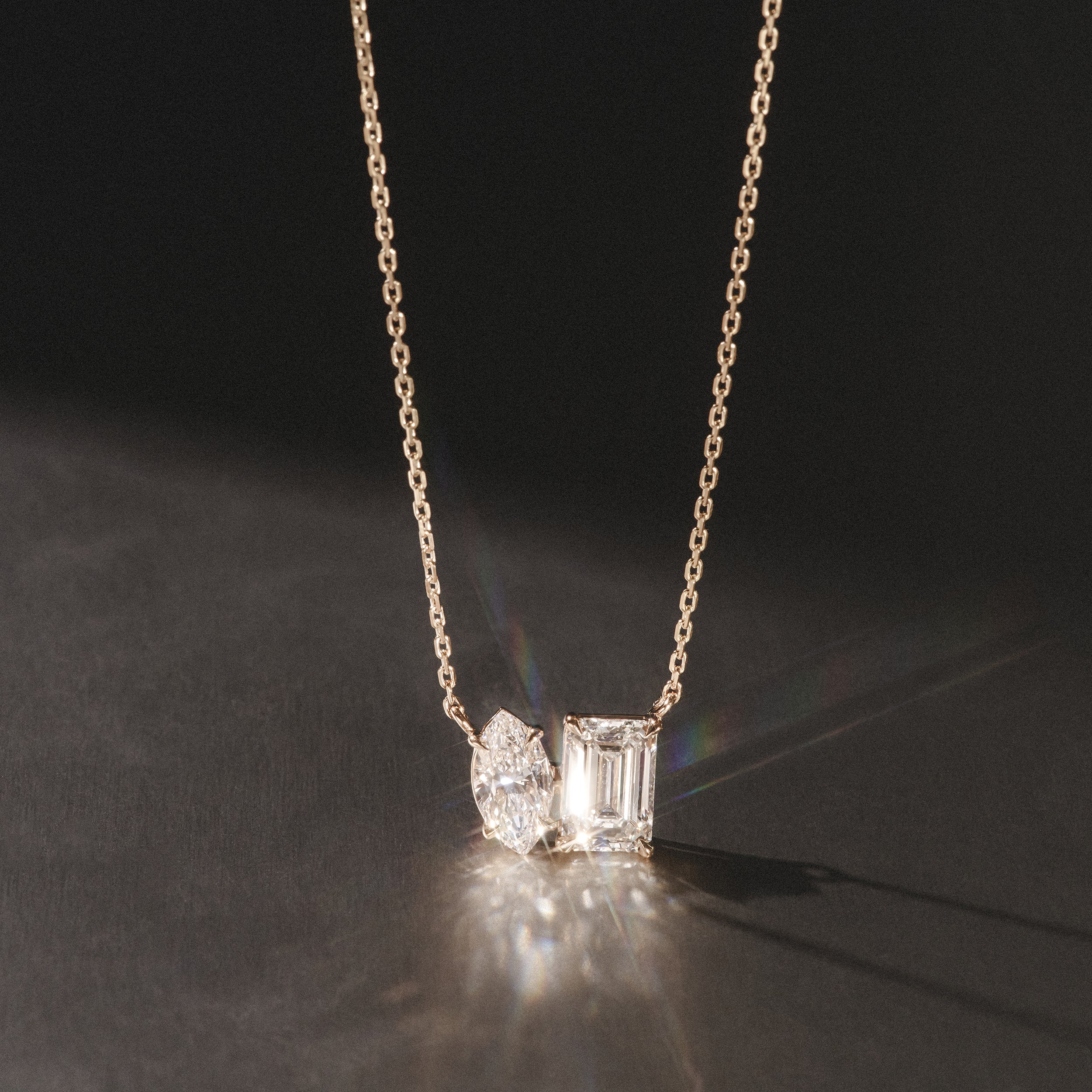 Toi Et Moi 3.00ct Marquise and Emerald Cut Lab Diamond 2 Stone Necklace in 18K Yellow Gold - Image 8